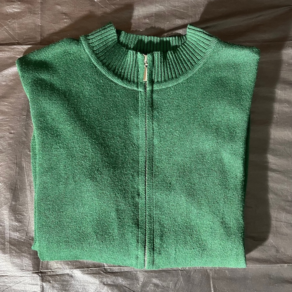Forest Green Zip Front Knit Sweater | Fitted Mock Neck Cardigan | Quiet Luxury - Picture 5 of 11